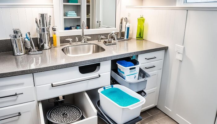 Effective Cleaning Techniques for Small Apartments 4 An open bathroom vanity with neatly organized cleaning supplies, demonstrating an effective deep cleaning strategy for maintaining hygiene in compact living areas.