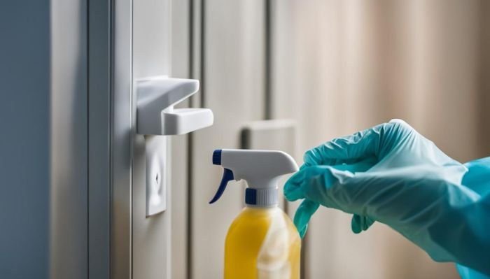 Gloved hand spraying disinfectant on a door handle, emphasizing the need for thorough sanitation practices after illness to prevent the spread of germs.
