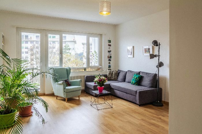 A bright and tidy living room with large windows, plush seating, and vibrant plants, ready for a thorough deep cleaning session.