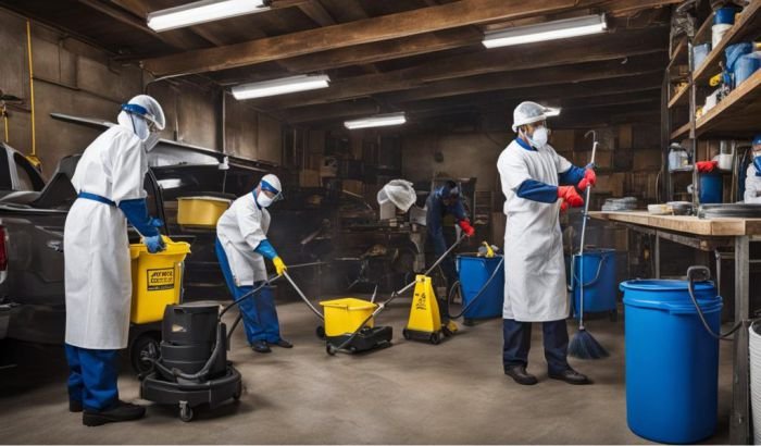 A team of professional cleaners in protective gear meticulously deep cleaning a garage, with equipment and storage areas, ensuring a thorough and efficient cleaning process.