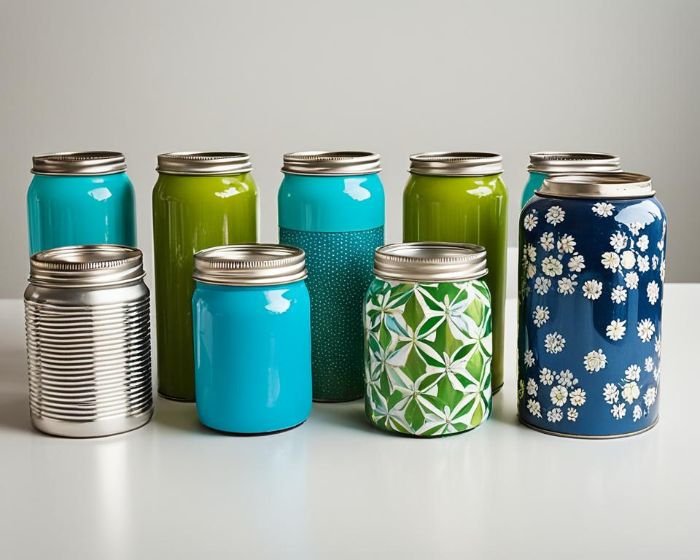 An array of upcycled containers including painted glass jars and tin cans with vibrant colors and patterns, showcasing innovative ways to reduce waste through creative repurposing.
