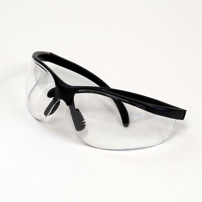 Clear anti-fog safety goggles with a secure black frame, designed to provide superior eye protection against splashes in various cleaning environments.