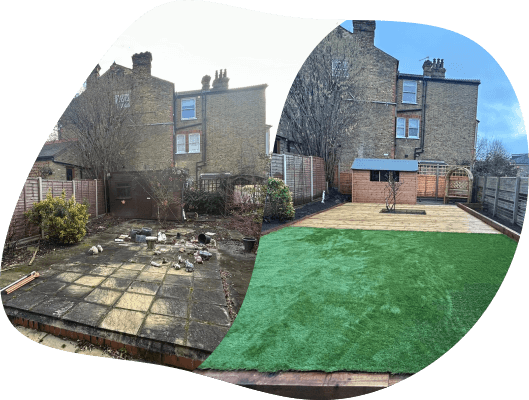 A before-and-after comparison of a backyard landscaping project, with the 'before' image showing a neglected and barren yard, and the 'after' revealing a revitalized garden with lush grass and a well-structured patio area, highlighting the transformative impact of Samyx's landscaping services.