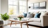 A well-organized living room bathed in natural light, depicting a serene space maintained clean even with a busy schedule.