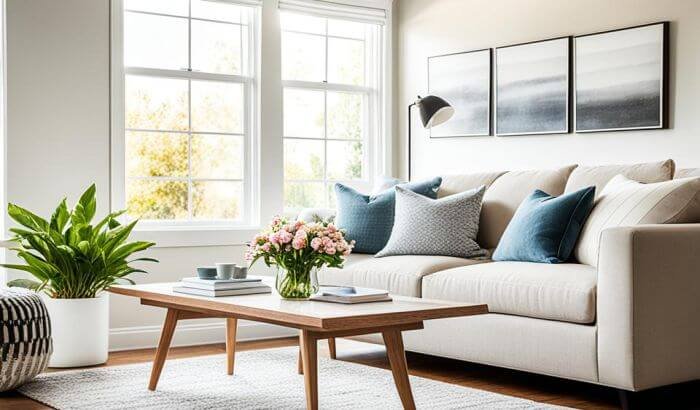 A well-organized living room bathed in natural light, depicting a serene space maintained clean even with a busy schedule.