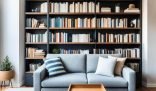 A comfortable living room featuring a gray sofa adorned with striped and plain cushions, a wooden coffee table, and a large bookshelf filled with books, creating a cozy and inviting reading space.