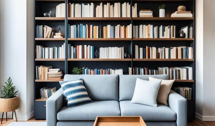 A comfortable living room featuring a gray sofa adorned with striped and plain cushions, a wooden coffee table, and a large bookshelf filled with books, creating a cozy and inviting reading space.