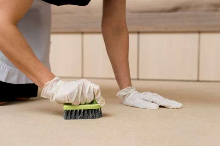 A person scrubbing a carpet with a brush, using advanced techniques to remove a stubborn stain, aiming for a deep-cleaned and restored appearance.