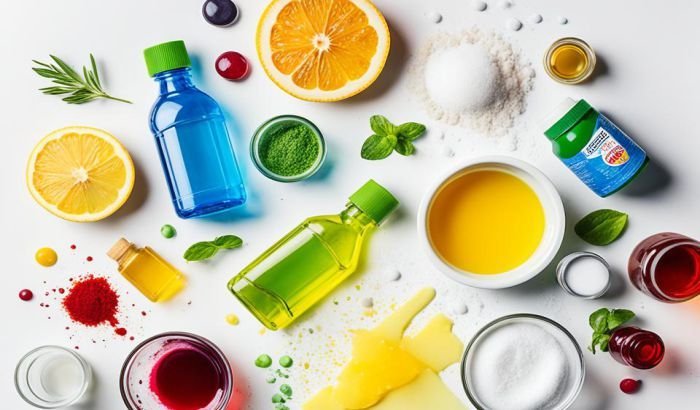 An array of natural DIY stain remover ingredients neatly displayed on a white background, including slices of lemon and orange, bottles of clear liquids like vinegar and dish soap, and powders such as baking soda, symbolizing homemade cleaning solutions for a variety of stains.