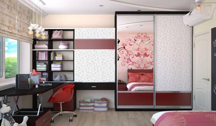 A bright and organized child's room with a study area and sliding wardrobe, embodying a space where kids can learn about cleaning responsibilities.
