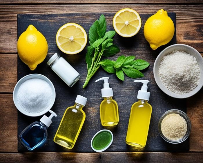 A variety of natural cleaning ingredients displayed on a dark wooden surface, including fresh lemons, green leaves, and small bottles of clear liquids, with bowls of white powder and granules, ready to tackle stains with eco-friendly methods in a London household.