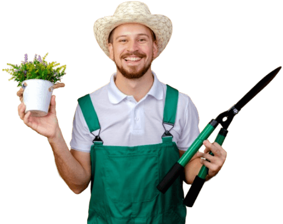 Smiling professional gardener in a straw hat and green apron holding a potted plant and pruning shears, ready to cultivate and nurture a thriving outdoor oasis for Samyx garden maintenance service.