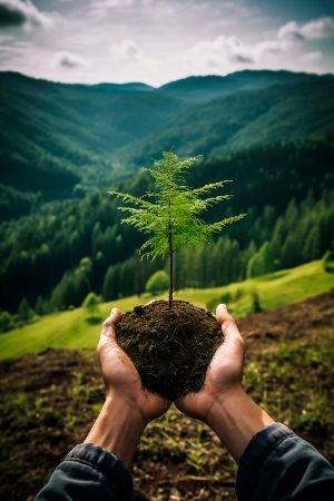 Hands cradling a young tree with its roots, ready to be planted, symbolizing the commitment to sustainable growth and expert care in our Tree Surgery services, set against a verdant mountainous backdrop.
