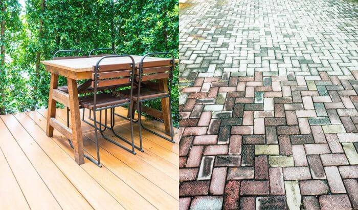 Side-by-side comparison of a wooden deck with a table and chairs, and a brick patio, illustrating the differences between a deck and a patio to help decide which is the better choice for you.