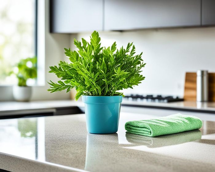 Green Cleaning Tips for Specific Areas in the Home 3 A clean kitchen countertop with a potted herb plant and a green microfiber cloth, illustrating eco-friendly cleaning tips using natural solutions like vinegar and water for maintaining a safe and clean kitchen environment.