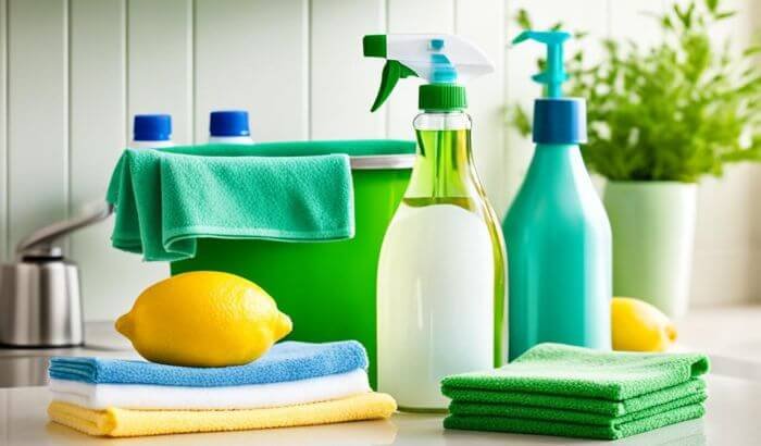 A collection of eco-friendly cleaning supplies, including spray bottles, microfiber cloths, and a lemon, illustrating green cleaning tips for various areas in the home.