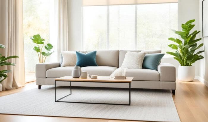 A clean and tidy living room with a modern sofa, coffee table, and green plants, illustrating tips for maintaining a neat and organized living space.