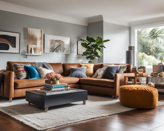 Quick Fixes for a Guest-Ready Home 3 A stylishly decorated living room with plush leather sofas, colorful cushions, and a cozy area rug, exemplifying a clean and inviting space for guests.