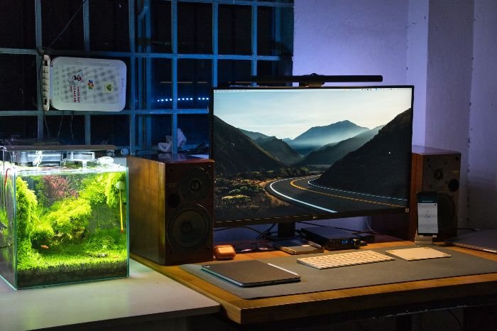 A well-maintained aquarium next to a computer setup, illustrating the importance of monitoring water quality post-cleaning by using a water testing kit to ensure healthy pH and chemical levels for the fish.