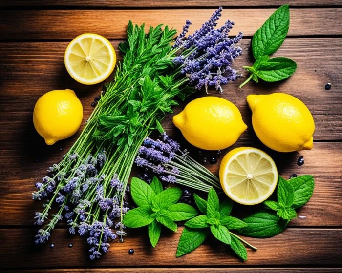 Fresh lemons, lavender, and mint on a wooden surface, representing natural ingredients used in homemade cleaning remedies for effectively removing sweat stains from clothing.