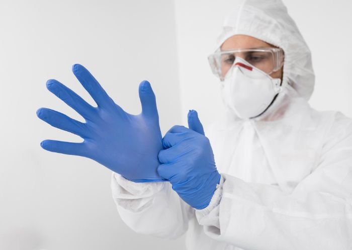 A health professional dressed in a protective suit and blue gloves, preparing to handle hazardous materials, illustrating the importance of using personal protective equipment when dealing with cleaning chemicals.