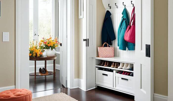 A well-organized entryway with coats hung neatly, a shoe rack filled with shoes, and a table with a vase of fresh flowers, presenting a welcoming and tidy space for guests.