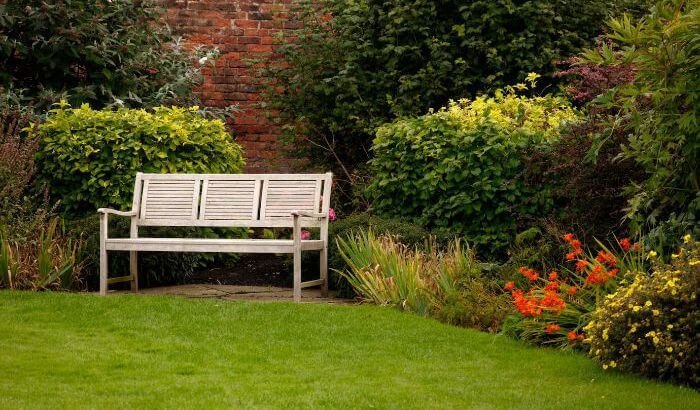 A well-maintained garden with a white bench, lush greenery, and colorful flowers, illustrating tips for tidying outdoor spaces effectively.