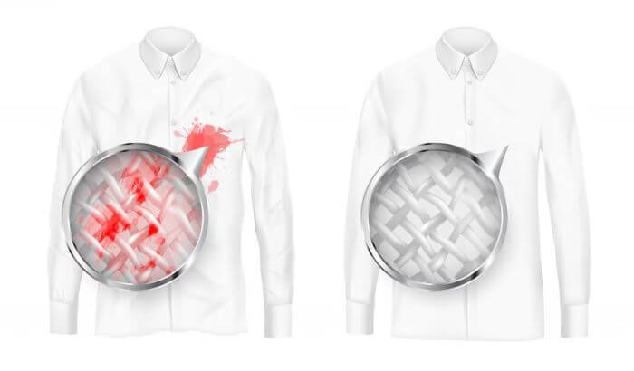 Close-up comparison of a white shirt with a red stain magnified on the left, and the same shirt clean after stain removal on the right.