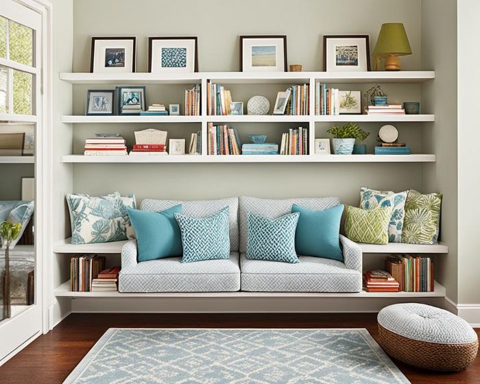 A well-decorated living room with a cozy sofa, colorful cushions, and shelves filled with books and decor items, illustrating the concept of rotating decorations to keep the space interesting and fresh.