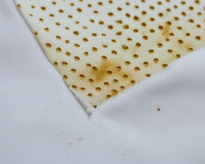 Detailed view of yellow sweat stains on white fabric, illustrating the chemical interaction between body sweat and antiperspirants that leads to discoloration in clothing.