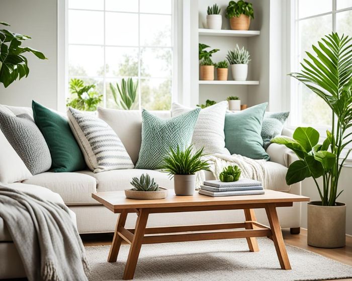 A bright and tidy living room with a white sofa, green cushions, and potted plants, illustrating how cleanliness enhances the room's aesthetics and creates a pleasant atmosphere for guests and relaxation.