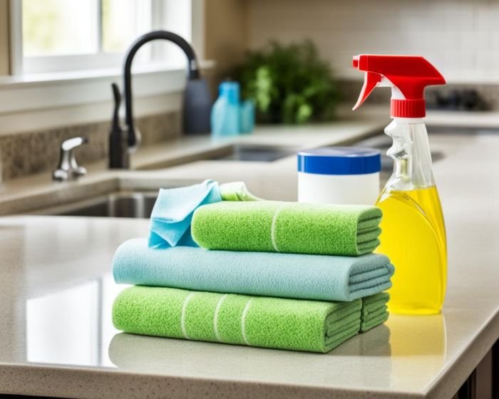 Cleaning supplies including towels, a spray bottle, and a container of wipes arranged on a kitchen countertop, illustrating the process of wiping down surfaces to keep the kitchen clean and germ-free.