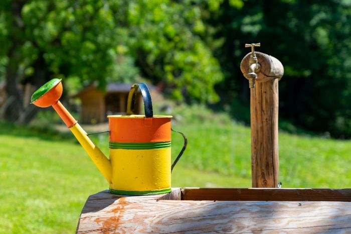 Why Garden Maintenance is Essential for London Gardens 5 A colorful watering can next to an outdoor faucet, symbolizing the expertise and tools used by professional gardeners.