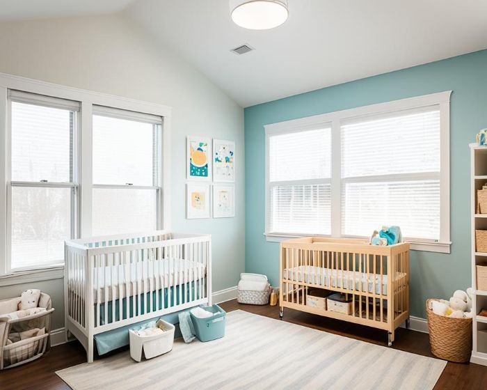 A clean and well-organized nursery with cribs and storage baskets, illustrating the importance of choosing safe cleaning products for a baby's room.