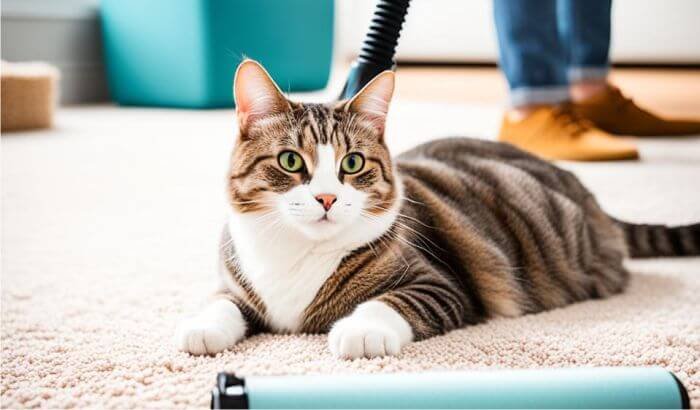 A cat lying on a carpet with a person cleaning in the background, illustrating tips for cat owners on cleaning around pets.