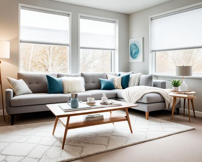 A bright and clean living room with a sofa, coffee table, and shelves, illustrating the importance of cleaning common areas thoroughly before a baby arrives.