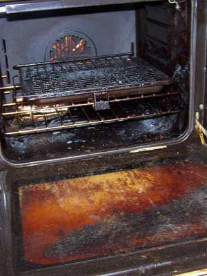 Dirty oven with grease and grime buildup before end of tenancy cleaning.