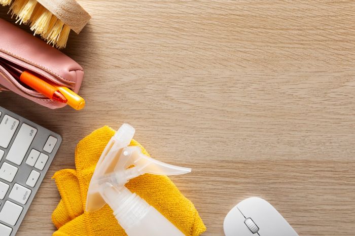 Cleaning supplies including a spray bottle, cloth, brush, and keyboard on a wooden surface, illustrating the importance of establishing a regular cleaning routine.