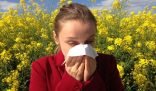 A person sneezing with a tissue in front of blooming yellow flowers, illustrating the importance of managing allergies with regular cleaning.