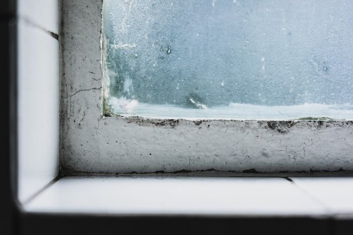 Close-up of a window frame with mold and mildew, illustrating the importance of managing heat and humidity to prevent mold growth in summer.