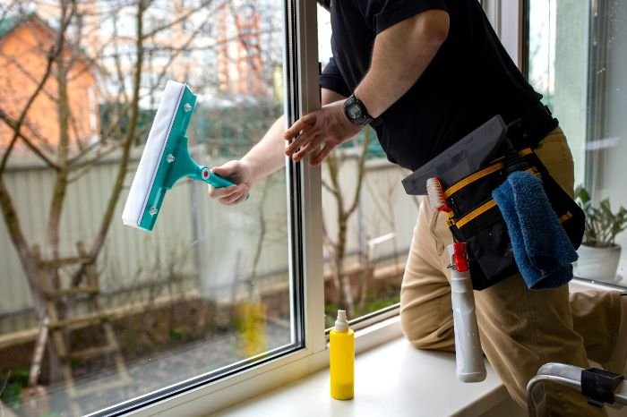 A professional cleaner using a squeegee to clean a window, equipped with a tool belt containing various cleaning supplies, illustrating the essential tools for effective window cleaning.