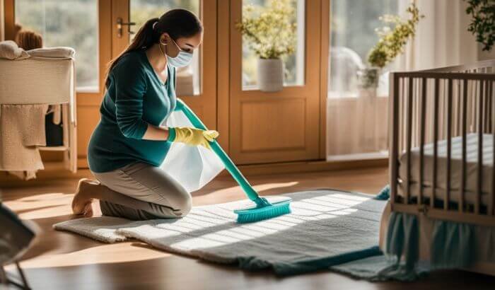 A woman cleaning a nursery with a mop, illustrating safe cleaning practices before a baby arrives.