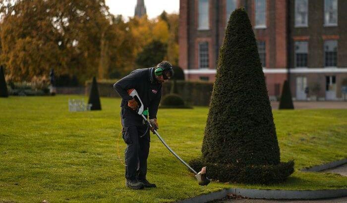 A gardener using a trimmer to maintain a neatly landscaped garden, representing top garden maintenance tips for London homeowners to keep their gardens in perfect shape.