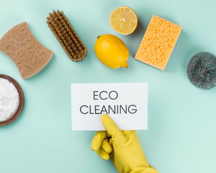 Eco-friendly cleaning supplies including a brush, sponge, lemon, and baking soda, illustrating the importance of using non-toxic, child-safe cleaning products.