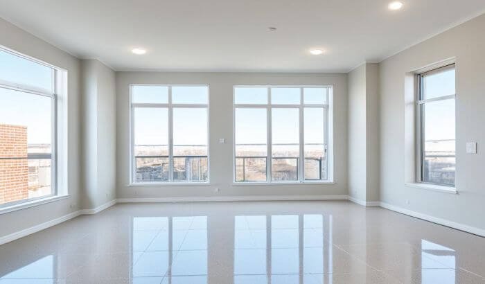 Spacious and clean empty apartment with large windows, ideal after an end of tenancy cleaning service.
