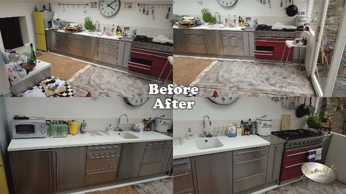 Before and after photos showing a cleaned kitchen, highlighting the effectiveness of professional end of tenancy cleaning.
