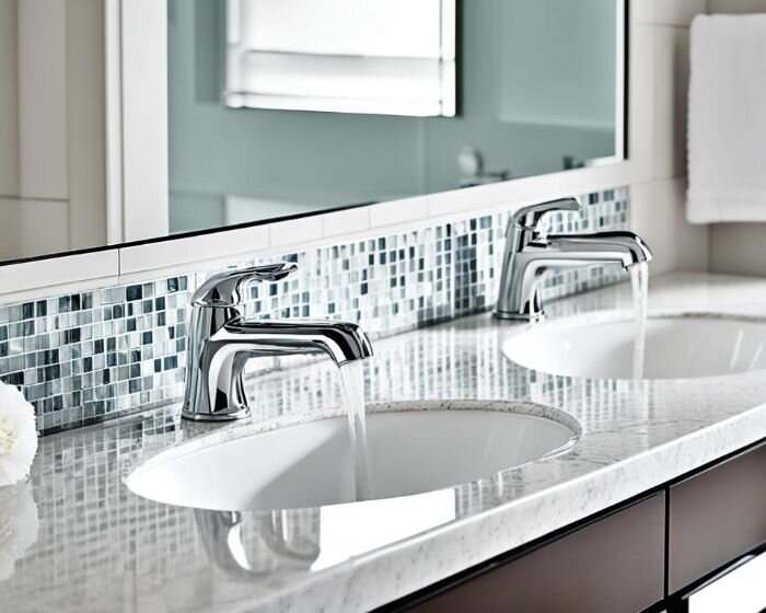 A pristine bathroom countertop with clean fixtures and mirrors, showcasing the results of thorough cleaning during an end of tenancy cleaning in London.