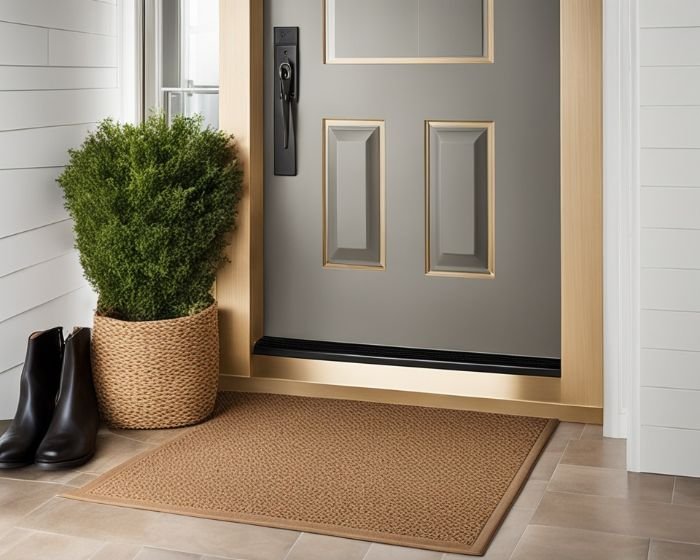 A neat and tidy entrance with a shoe rack, a potted plant, and a clean doormat, exemplifying a clutter-free and inviting home entryway.