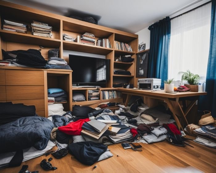 A cluttered room with clothes, books, and various items scattered on the floor and shelves, demonstrating the need for decluttering strategies like the one-item rule to maintain a clean and organized space.