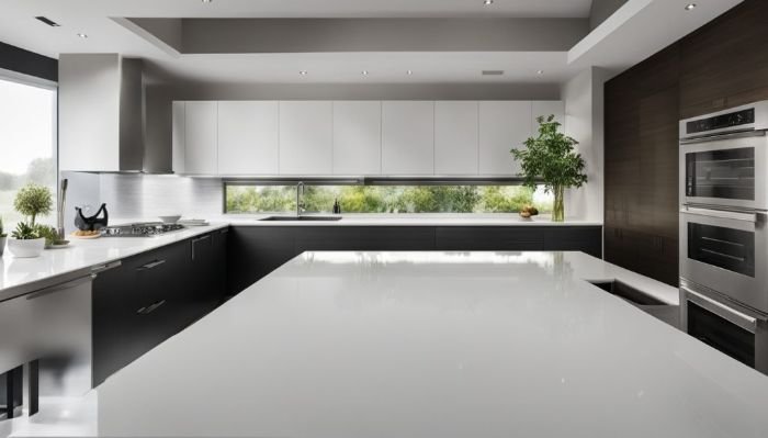 Modern kitchen with shiny countertops, showcasing the results of using DIY furniture polish for a clean and polished look.